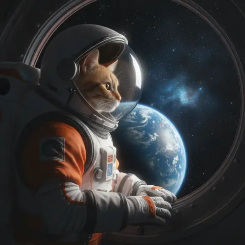 Кот в скафандре смотрит на Землю из иллюминатора — фотореализм