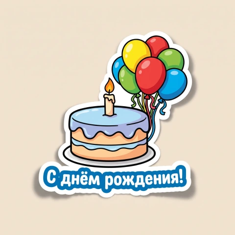 Стикер с тортом, свечкой и шарами, внизу надпись «С днём рождения!»